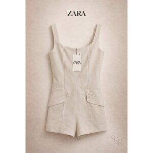 Zara NWT Cream Romper Size L Sleeveless Square Neck Minimalist Tailored Shorts